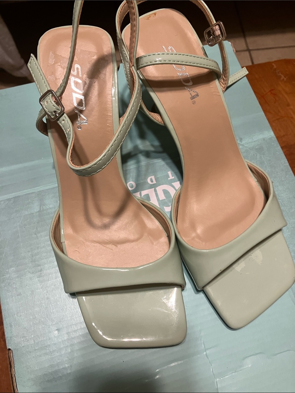 Soda Mint Green Patent Square-Toe Slingback Heels